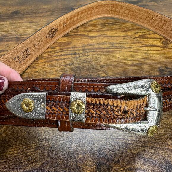 Wright Vintage Tooled Leather Gun Belt Size 36 Concealed Carry Brown Western - Picture 3 of 13